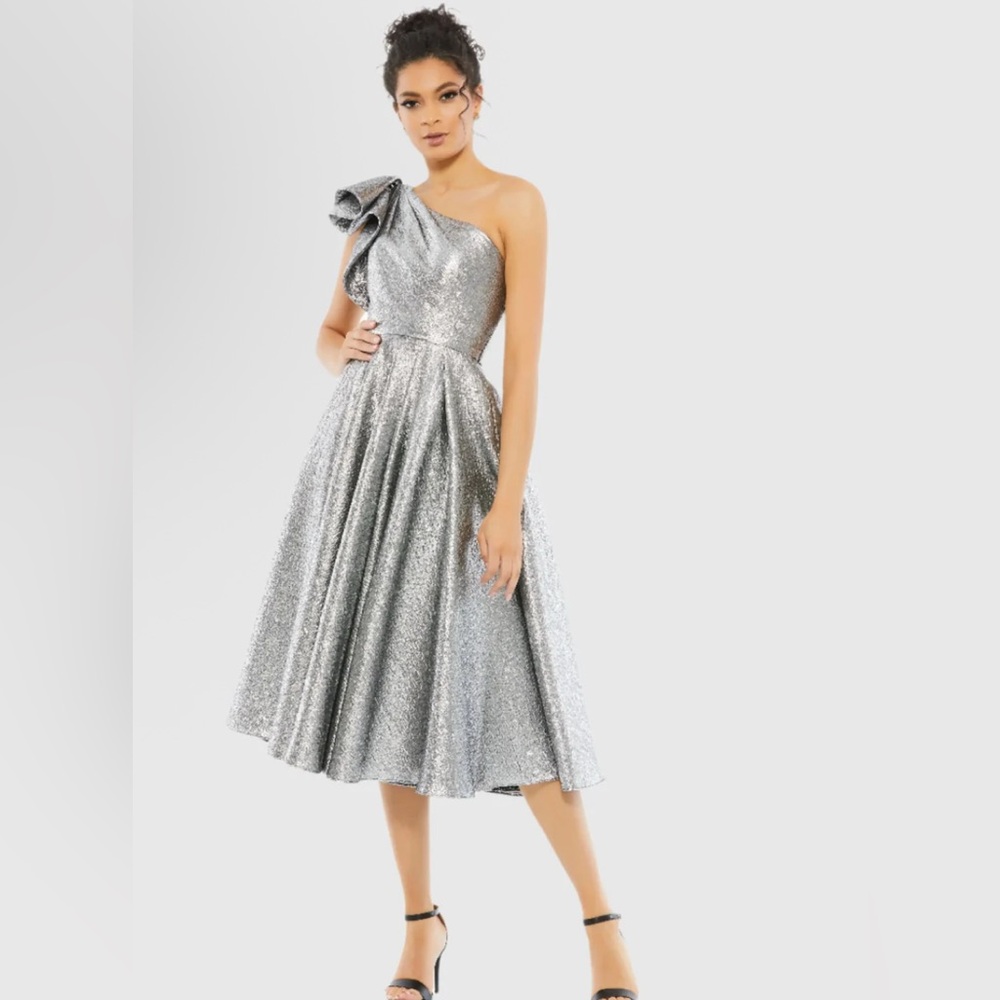 Mac Duggal 67906 Silver Metallic Brocade One-Shoulder Dress midi gown